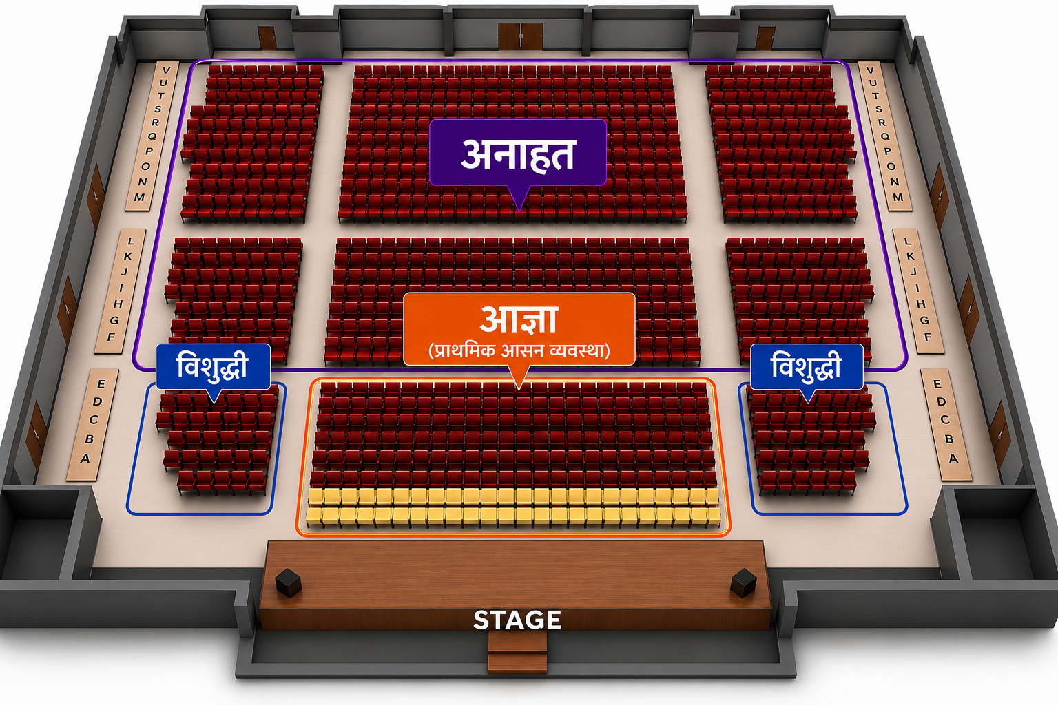 Seat layout diagram showing आज्ञा primary seating near the stage, विशुद्धी seating on both sides, and अनाहत elevated seating at the back, facing the stage